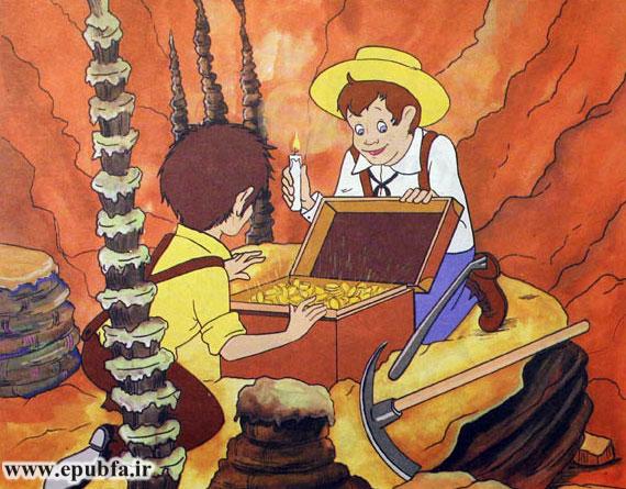 هاک با چاقو درِ صندوق را باز کرد. صندوق پر از طلا و سنگهای قیمتی بود.